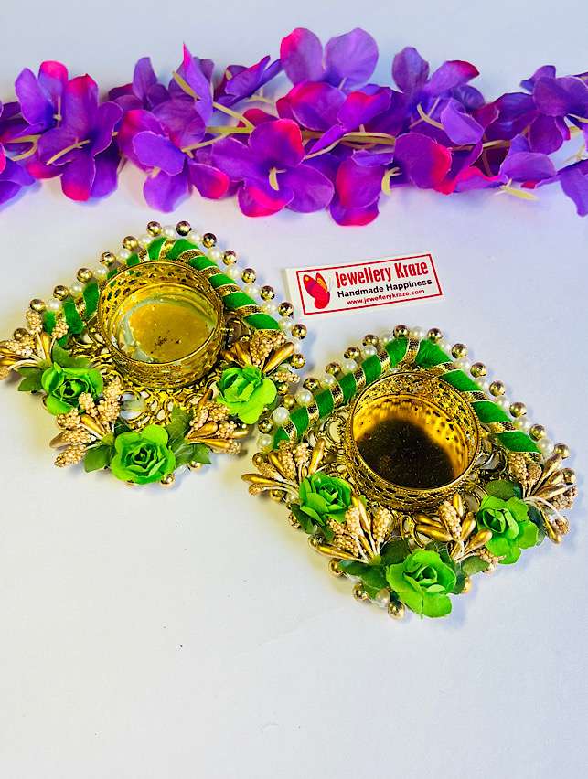 Green Pearl Diya – Set of 2