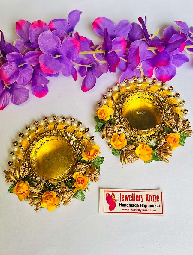 Yellow Pearl Round Diya – Set of 2