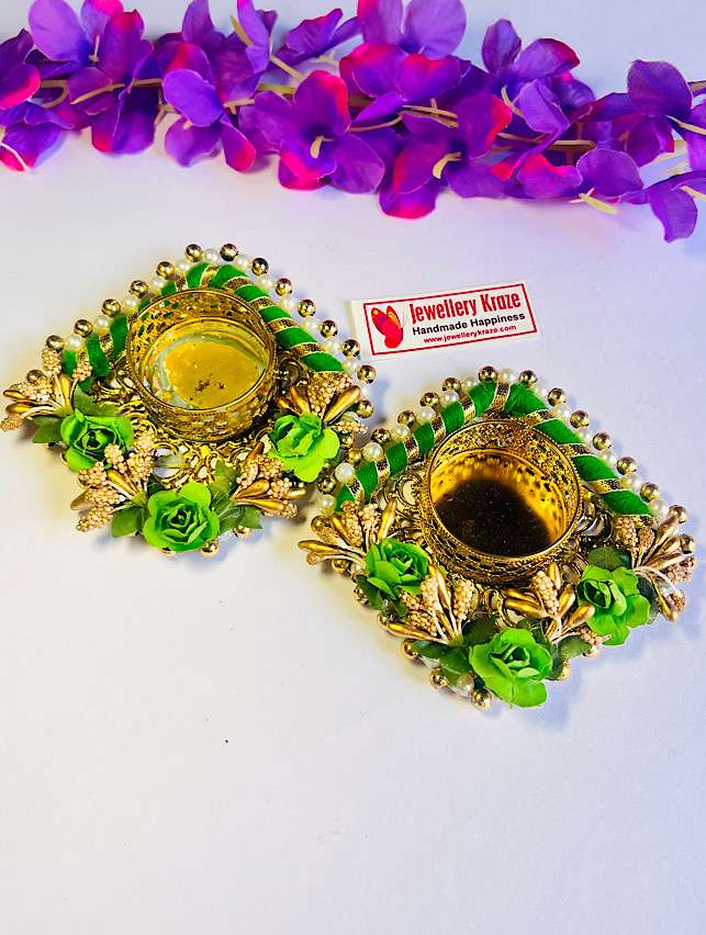 Green Pearl Diya – Set of 2