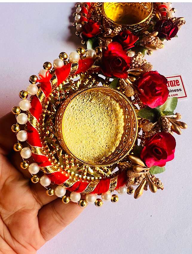 Red Pearl Round Diya – Set of 2