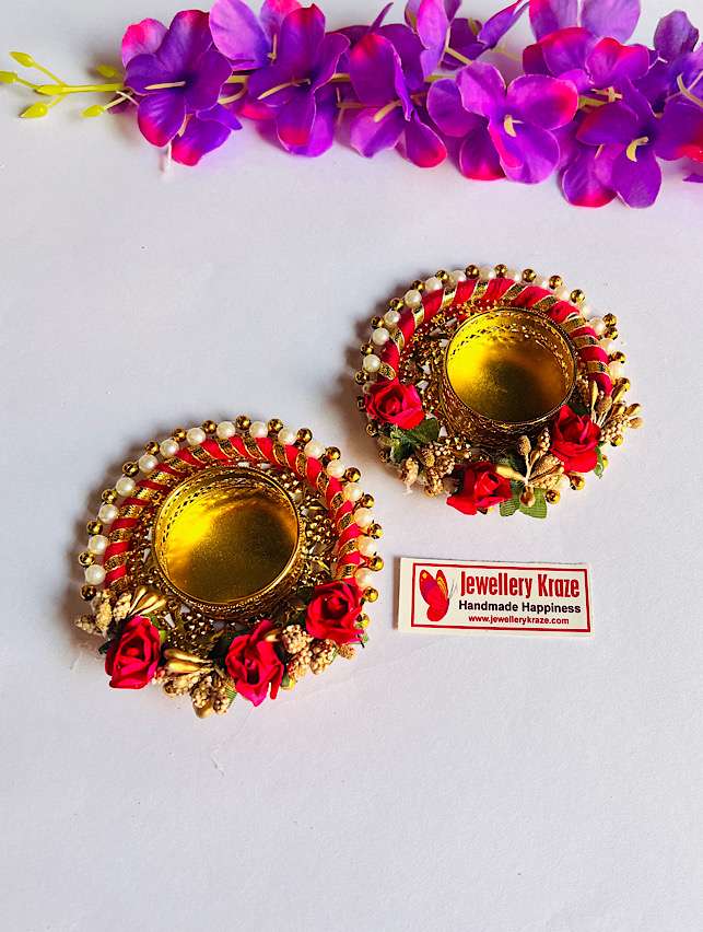 Red Pearl Round Diya – Set of 2