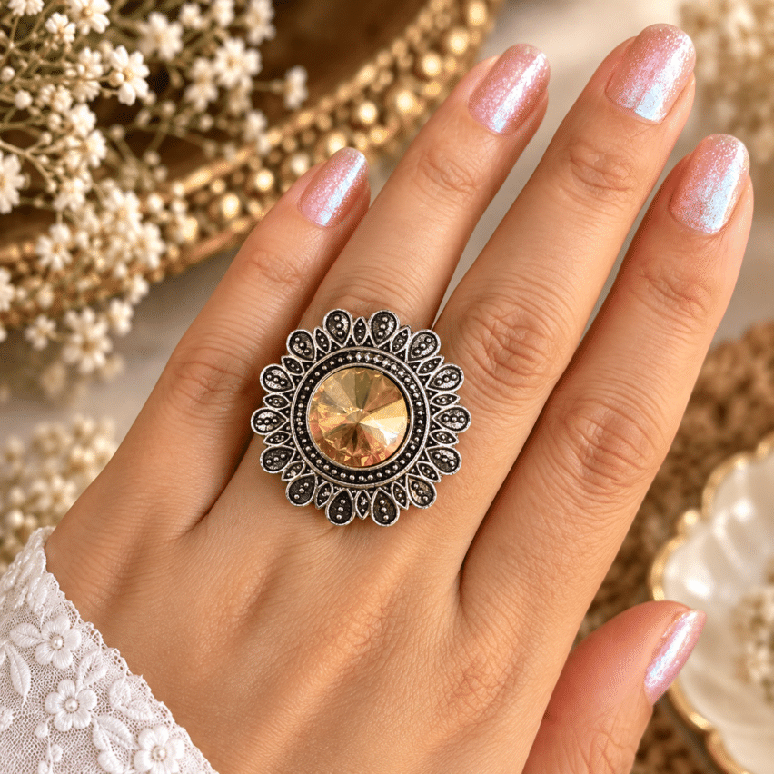Oxidised Silver Ring with Amber Stone