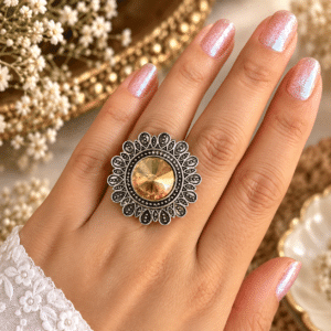 Oxidised Silver Ring with Amber Stone
